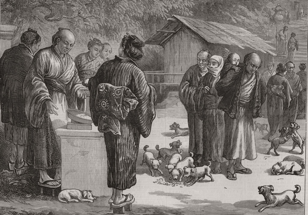 JAPAN. Sketches Japan. Feeding Puppy-dogs Buddhist Temple Oyama 1873 old print