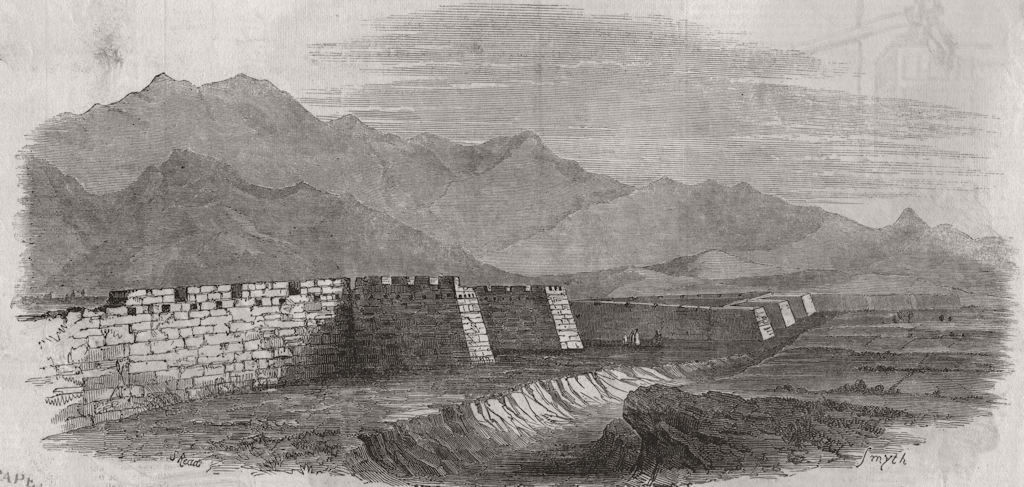 CHINA. The Great Wall, seen from the top of the Tower 1850 old antique print