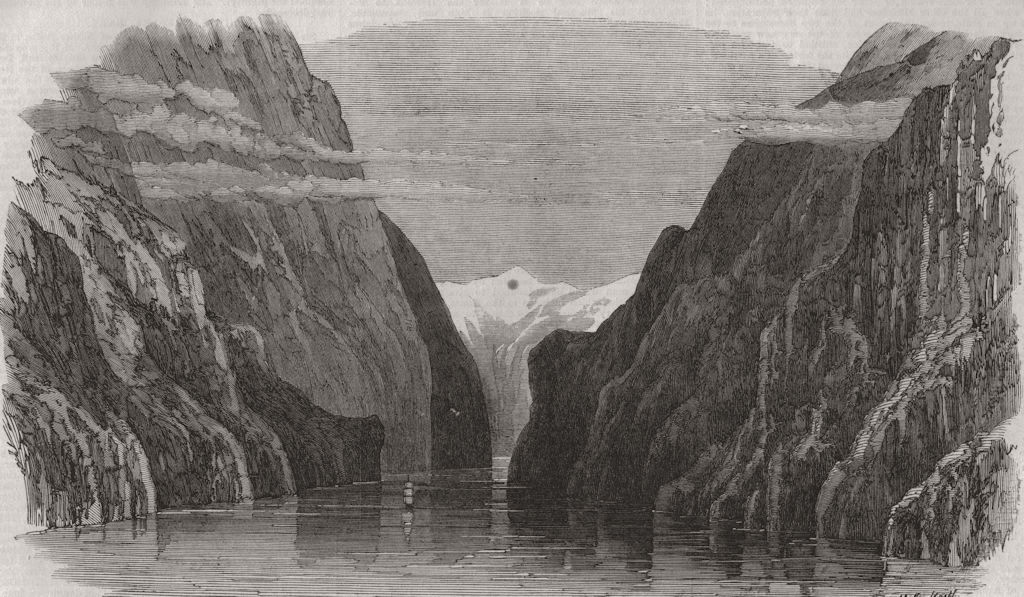NEW ZEALAND. Milford Sound, View looking up 1869 old antique print picture
