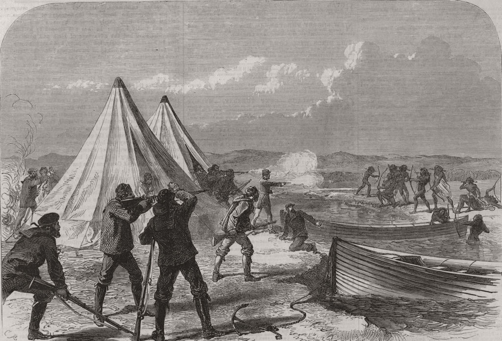 Associate Product TIERRA DEL FUEGO. HMS Nassau surveying party attacked by natives 1867 print