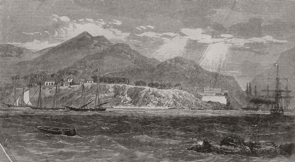 MEXICO. Acapulco, with the English and French fleet in the harbour 1862 print