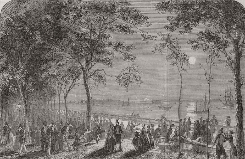 NEW YORK. The Battery of New York, by Moonlight 1849 old antique print picture