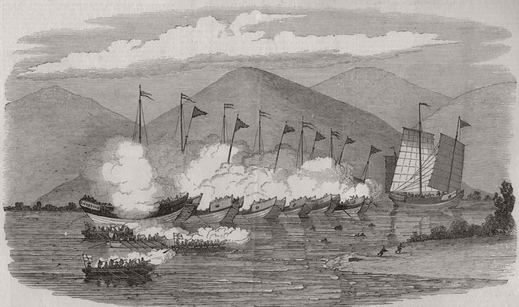 Associate Product CHINA. HMS Medea attacking pirates in Tienpak harbour, South-West China 1849