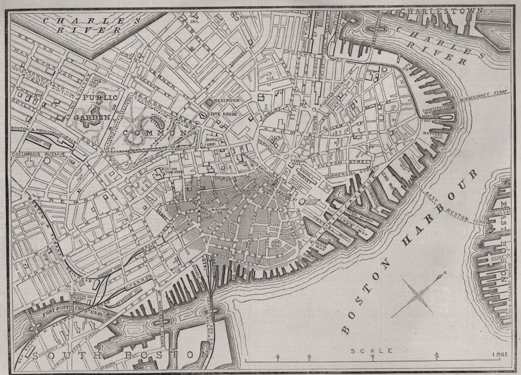 GREAT BOSTON FIRE 1872. City plan, showing the extent of the fire 1872 old map