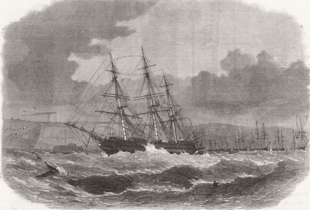 PLYMOUTH. The emigrant ship Amoor driving up the Cattewater 1865 old print