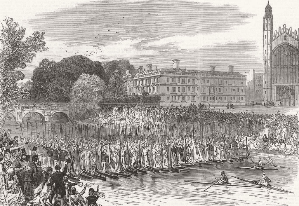 CAMBRIDGE. Procession of boats-Three cheers for the Cambridge Eight 1870 print