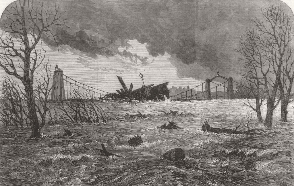 MANCHESTER. Destruction of a wooden bridge on the Irwell, Lower Broughton 1866