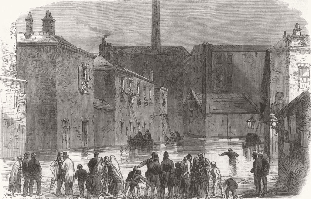Associate Product MANCHESTER. Silk-Street, Adelphi, Salford, during the flood 1866 old print
