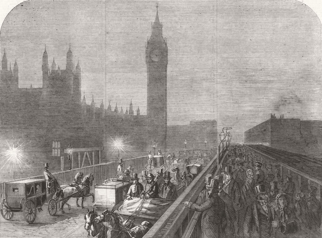 LONDON. Westminster-Bridge lighted by the new lime light 1860 old print