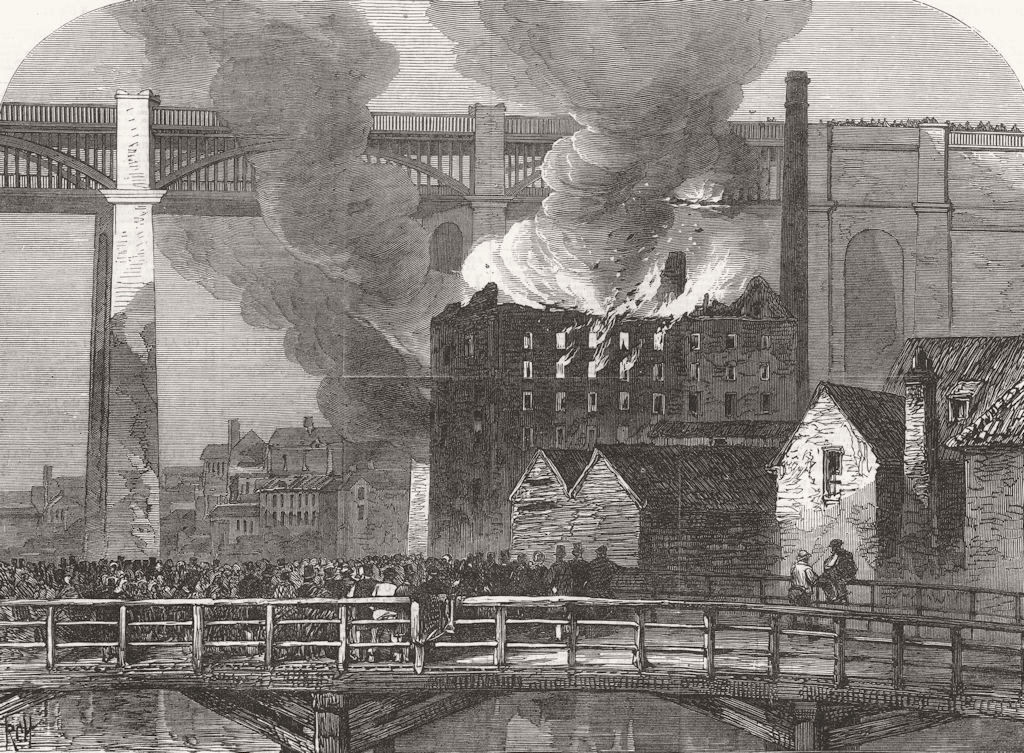 NEWCASTLE-UPON-TYNE. Fire at the High-Level Bridge. Northumberland 1866 print