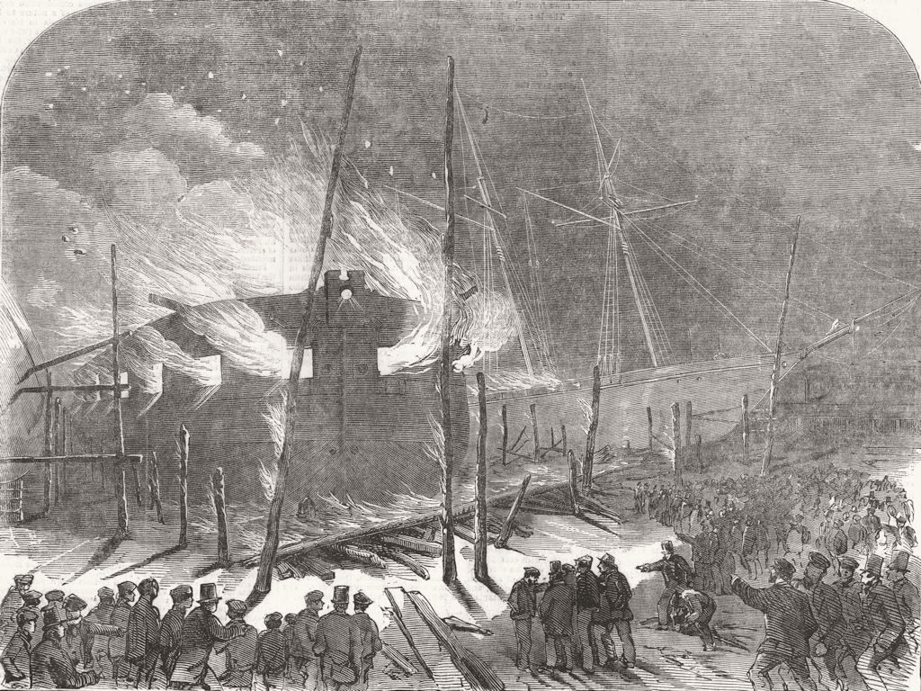 MILLWALL. floating battery Etna on fire, at Scott Russell and Co's works 1855