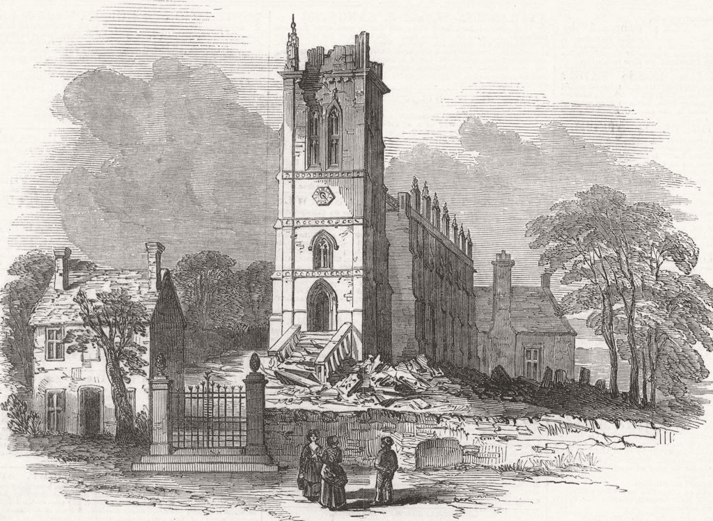 Associate Product LEICESTERSHIRE. King's Norton Church, struck by lightning 1850 old print