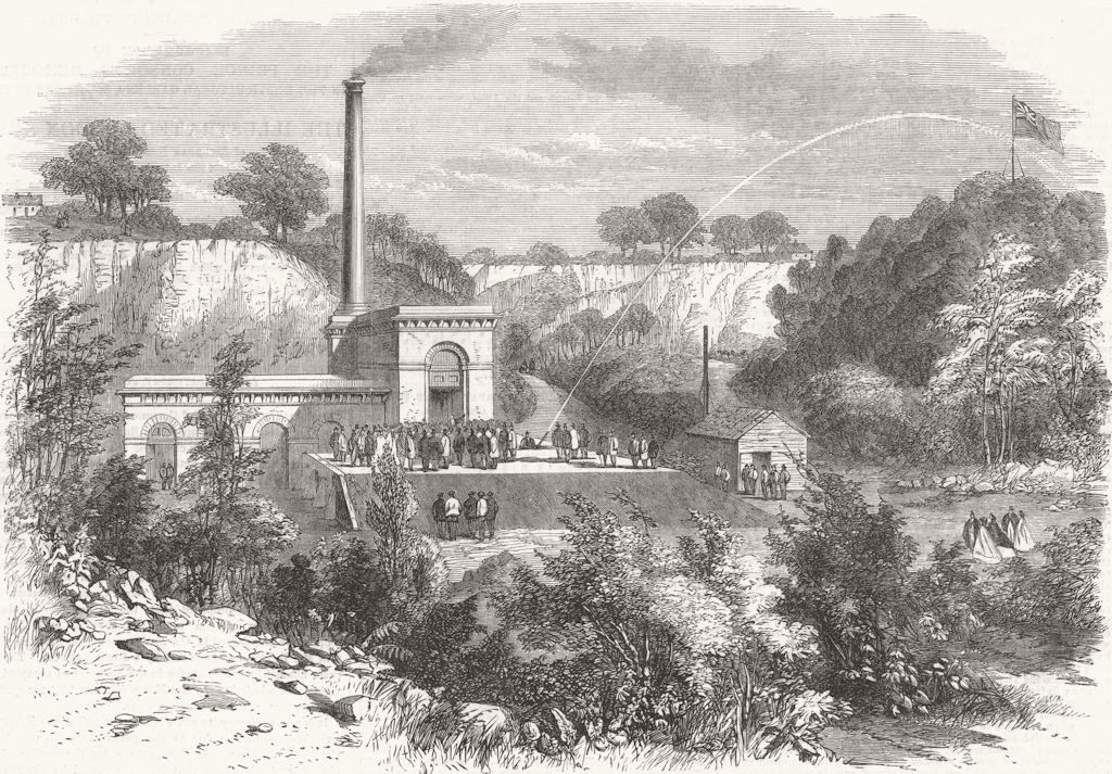GRAYS. S Essex Water works. testing one-inch jet Engine-House 1863 old print