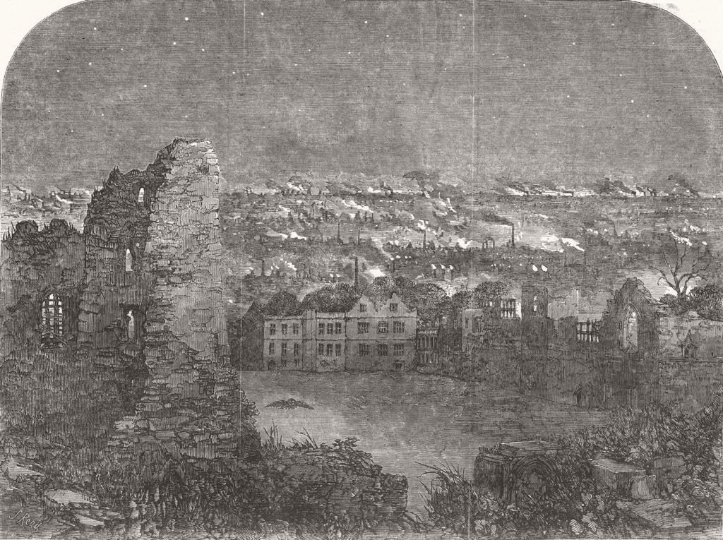WORCESTERSHIRE. Dudley, and its Iron-Works, from the Castle 1853 old print