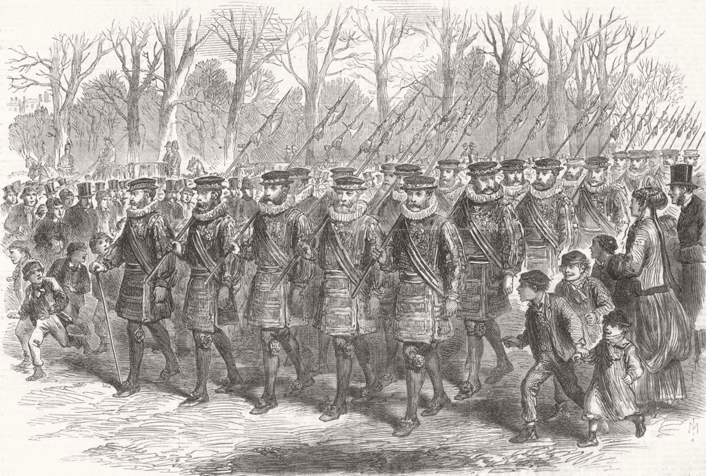 LONDON. Yeomen of Guard marching, Buckingham Palace 1869 old antique print