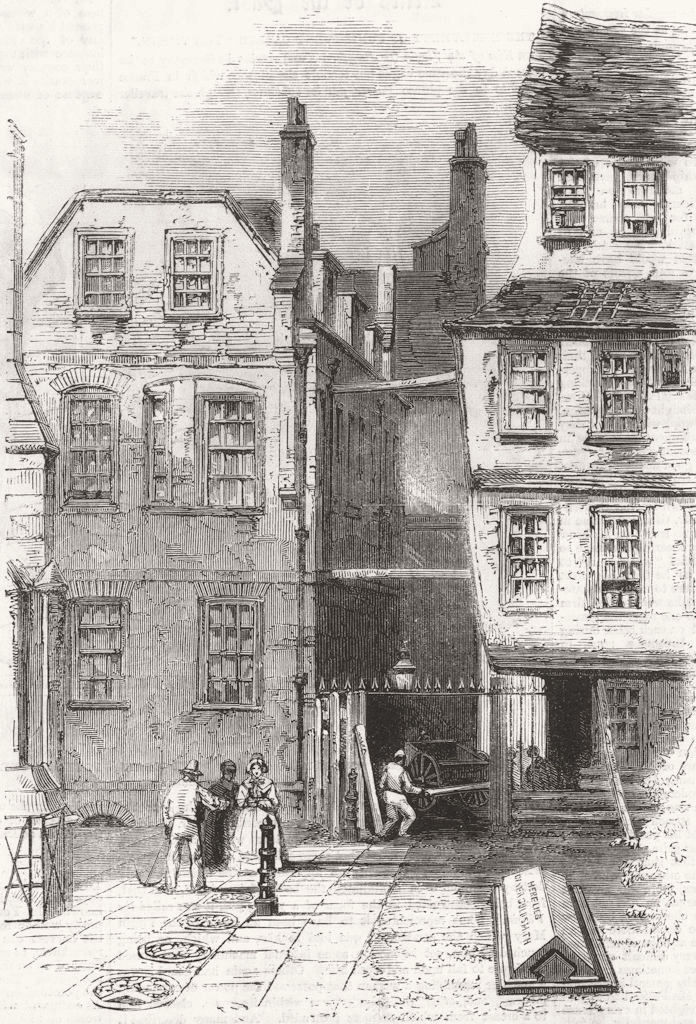 LONDON. Ancient Houses in the Temple, and the grave of Oliver Goldsmith 1860