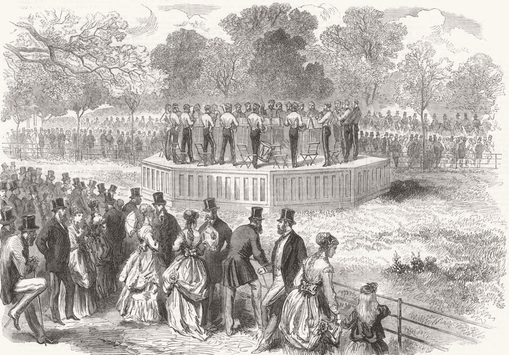 HYDE PARK. Band of the Life Guards playing on the new platform 1869 old print