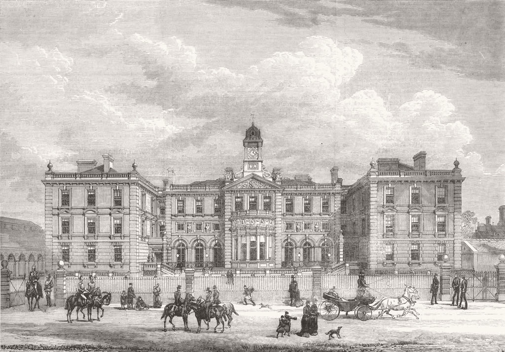Associate Product KNIGHTSBRIDGE. The Officers' quarters, New Barracks. London 1880 old print