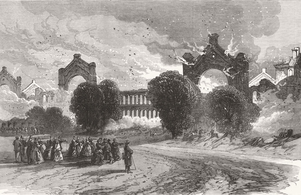 LONDON. The burning of the Alexandra Palace-sketched from the North 1873 print