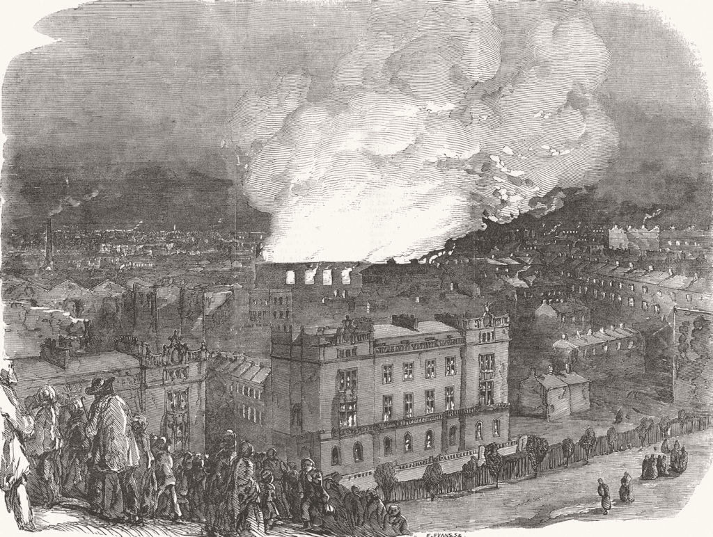 LONDON. Fire at Camden Town goods station-sketched from Primrose Hill 1857