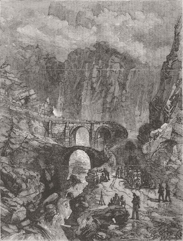 Associate Product SWITZERLAND. The Devil's Bridge, Pass of St Gothard 1855 old antique print