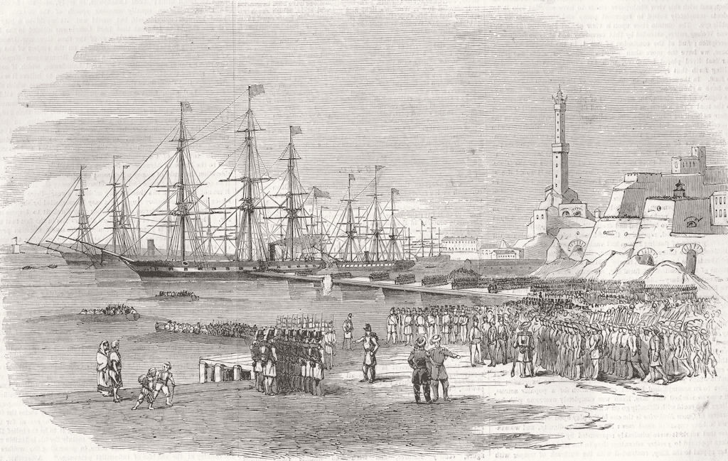 ITALY. boarding of Sardinian Contingent at Genoa 1855 old antique print
