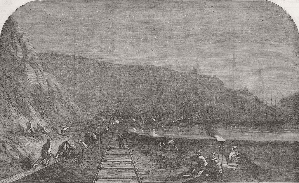 UKRAINE. The Railway Works at Balaklava, by night 1855 old antique print