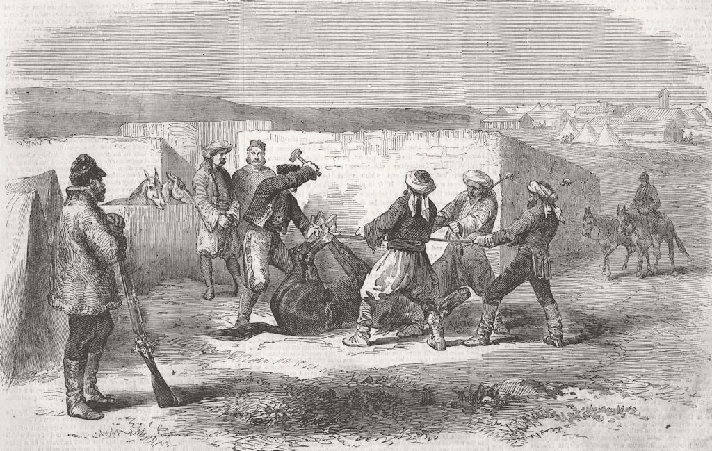 UKRAINE. Camp; Shoeing a refractory mule 1856 old antique print picture