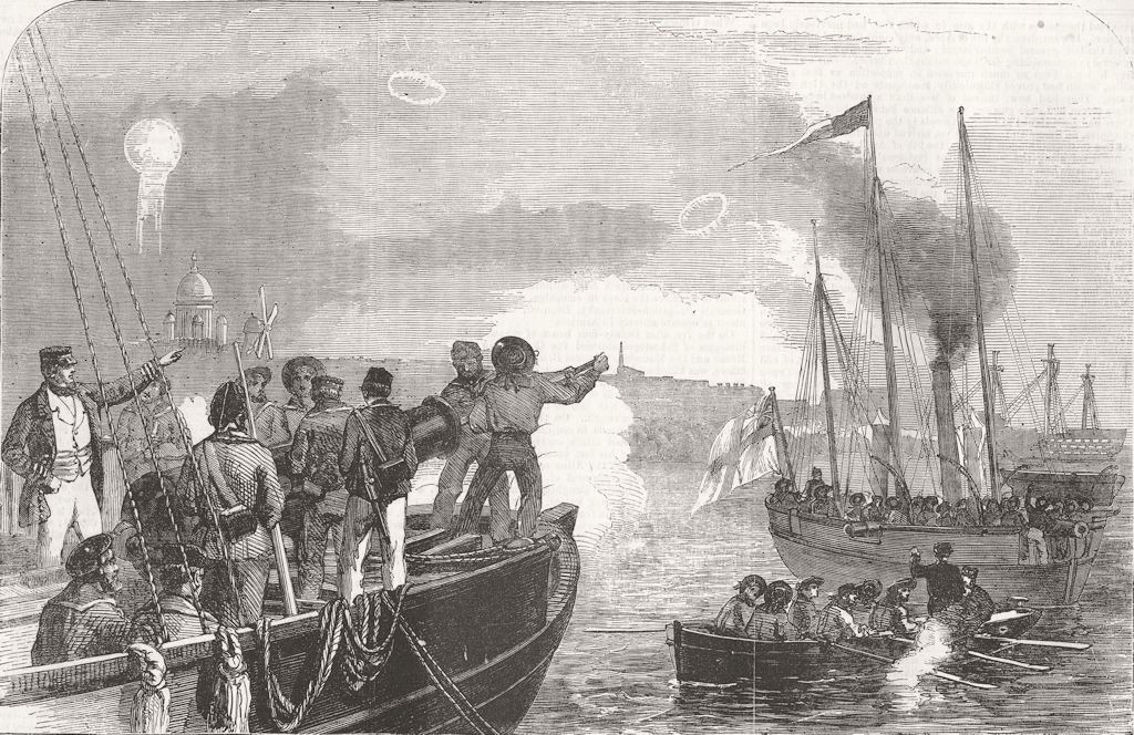 MILITARIA. Shelling a Russian ship, near Gustafsvern 1856 old antique print