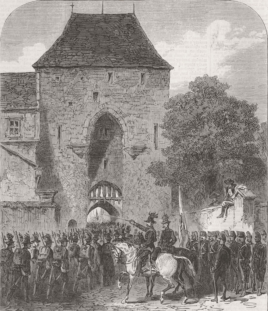 AUSTRIA. Austrian Troops entering Haimburg 1866 old antique print picture