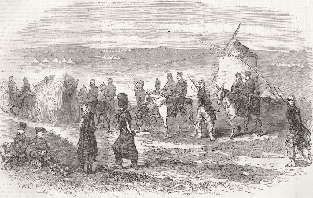 UKRAINE. French Cacolets carrying English Wounded 1855 old antique print