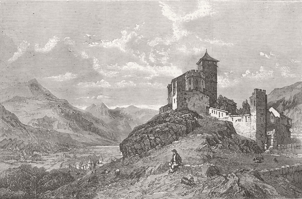 SWITZERLAND. Fort & Church, St Valerie, Sion, Valais 1856 old antique print