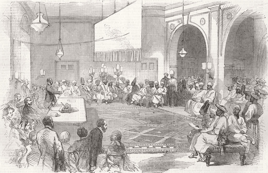 Associate Product INDIA. mtg at Surat, aid of Patriotic Fund 1855 old antique print picture