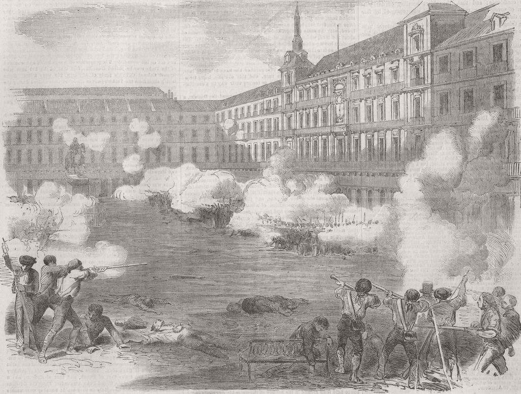 SPAIN. insurrection, Madrid, -Conflict, Plaza Mayor 1854 old antique print