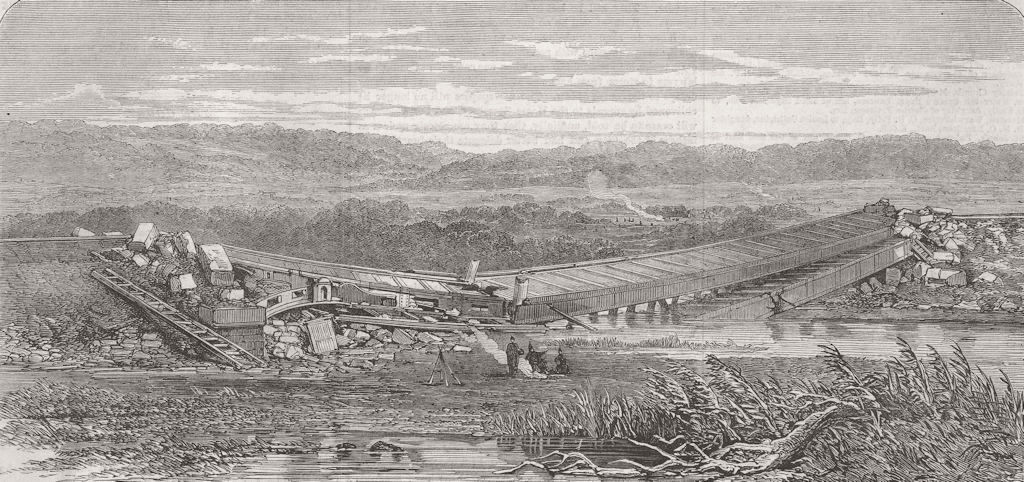 Associate Product DENMARK. Langaa Railway Bridge ruins, in Jutland 1864 old antique print