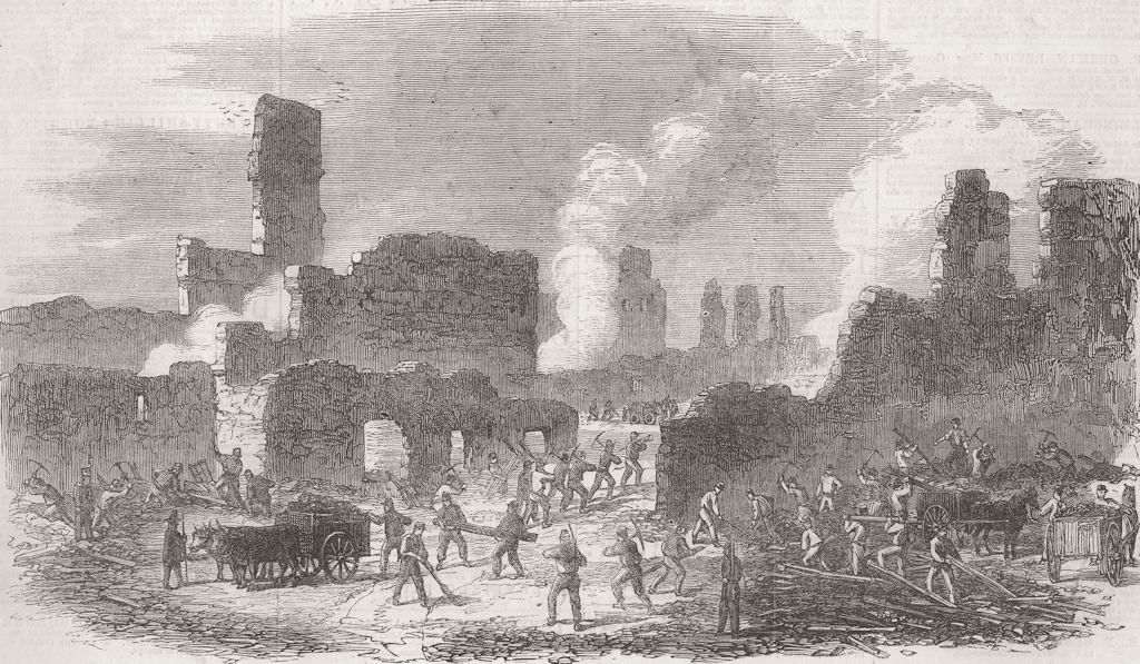 FRANCE. Limoges. Firemen clearing rubble 1864 old antique print picture