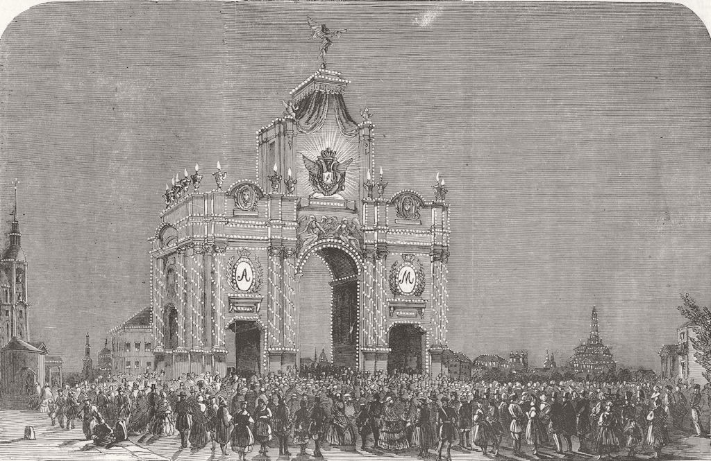 RUSSIA. Red Gate, Moscow, lit up, Night of Coronation 1856 old antique print