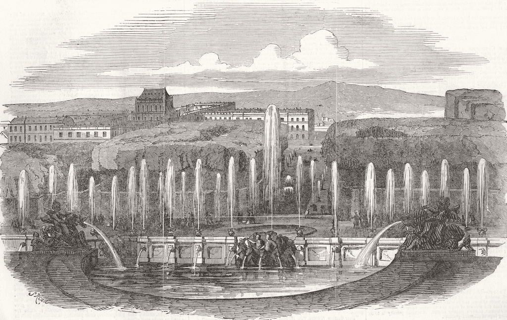 Associate Product FRANCE. Cambons Moving view-Fountains at Versailles 1851 old antique print