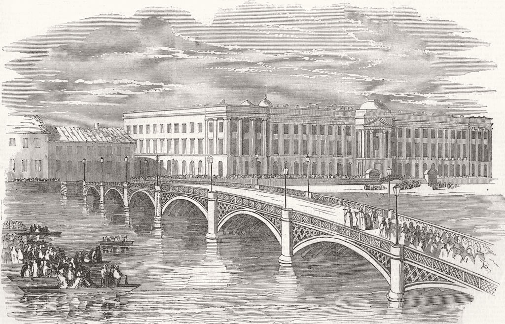RUSSIA. New iron Bridge at St Petersburg 1851 old antique print picture