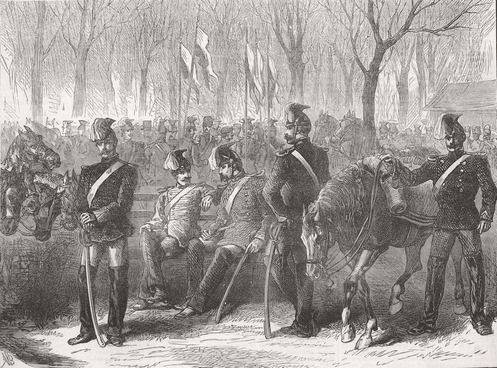 Associate Product FRANCE. Bavarian Lancers camped, Champs Elysees 1871 old antique print picture