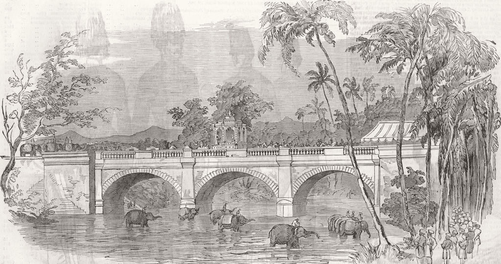 INDIA. Bridge at Travancore-Rajahs Procession 1854 old antique print picture