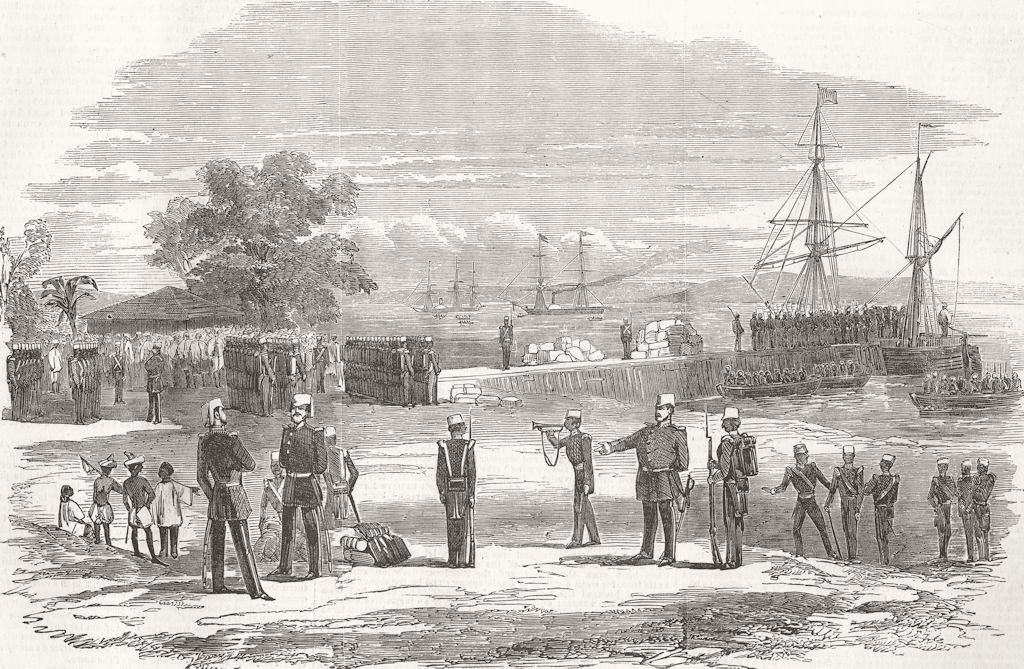 BURMA. Kyook Phyoo, Arracan Battalion boarding 1853 old antique print picture