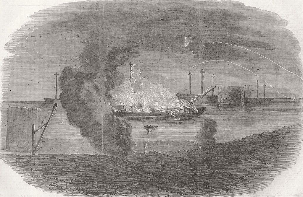 UKRAINE. Burning of Frigate, Sevastopol Harbour 1855 old antique print picture
