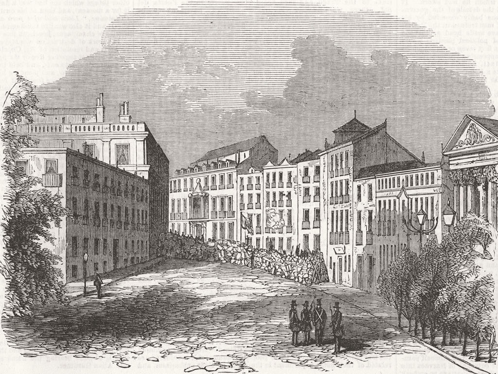 SPAIN. Barricade, Place San Geronimo, nr Prado, Madrid 1854 old antique print