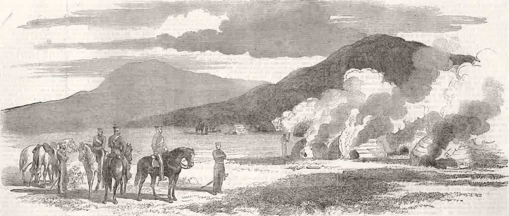 SOUTH AFRICA. Cape Corps Burning Rebel Chiefs huts 1851 old antique print