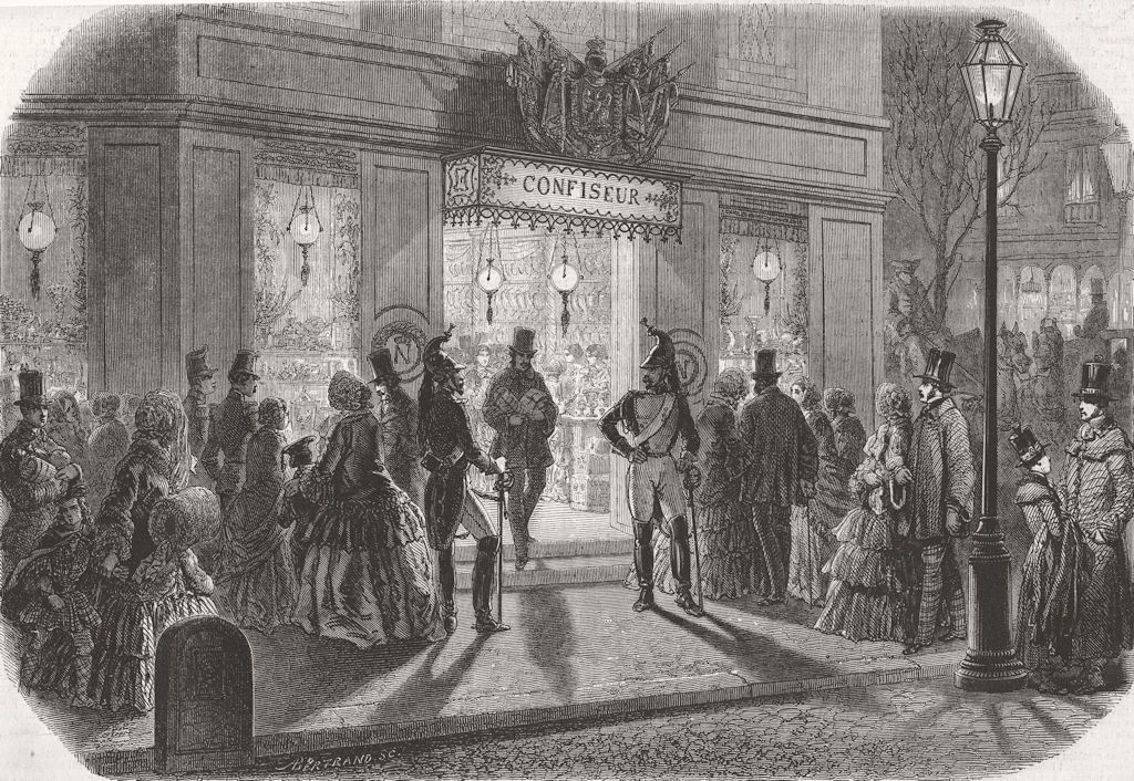 FRANCE. The Bonbon Shop in Paris on New Year's Eve 1853 old antique print