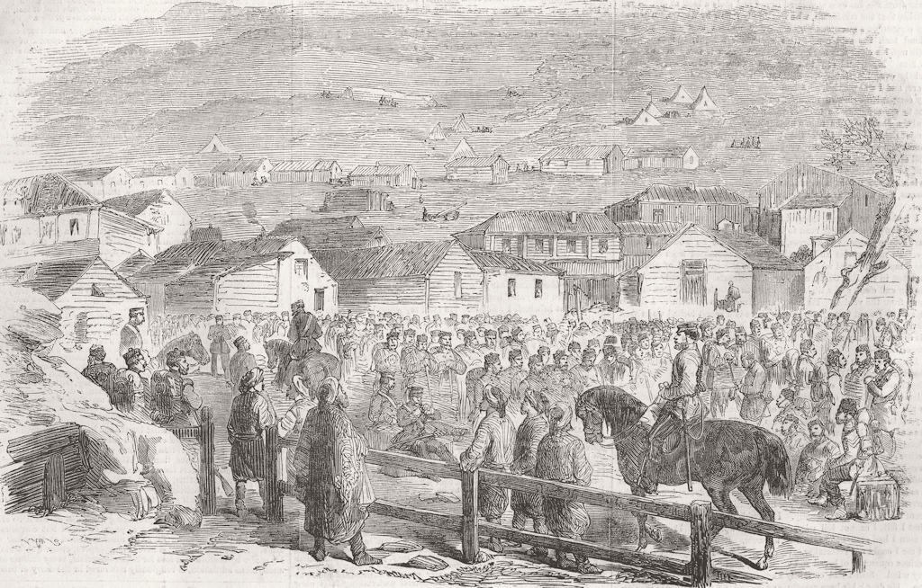 UKRAINE. 57th Regt, Raglan-Square, Balaklava, boarding 1856 old antique print