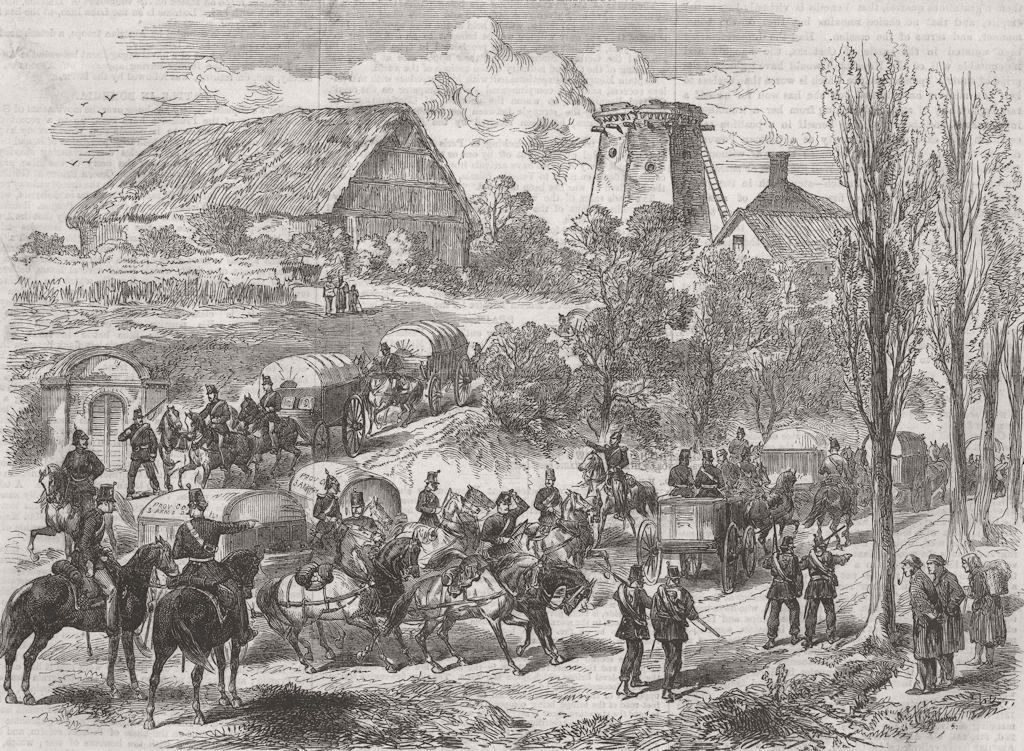 GERMANY. Prussian Army Wagons at Saxon Frontier 1866 old antique print picture