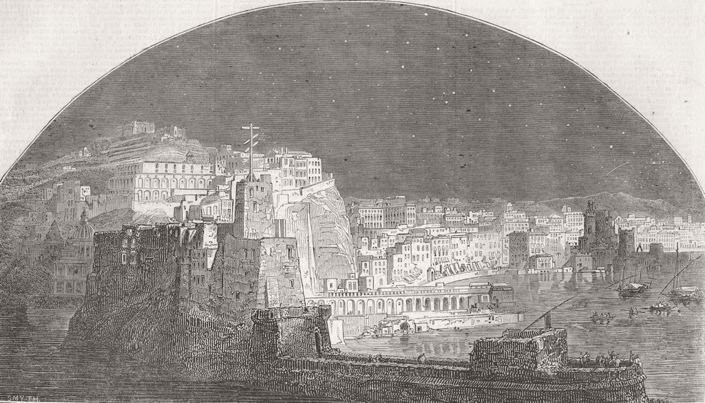 ITALY. Burfords view of Napoli by Moonlight 1845 old antique print picture