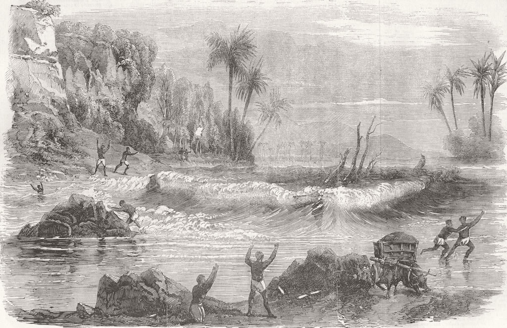 INDIA. Travellers overtaken by the Inundation 1856 old antique print picture
